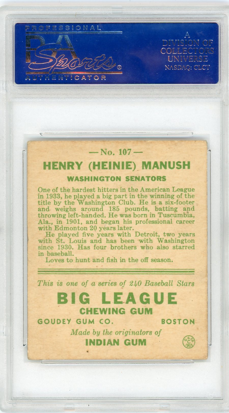 1933 Goudey Heinie Manush #107 PSA 4