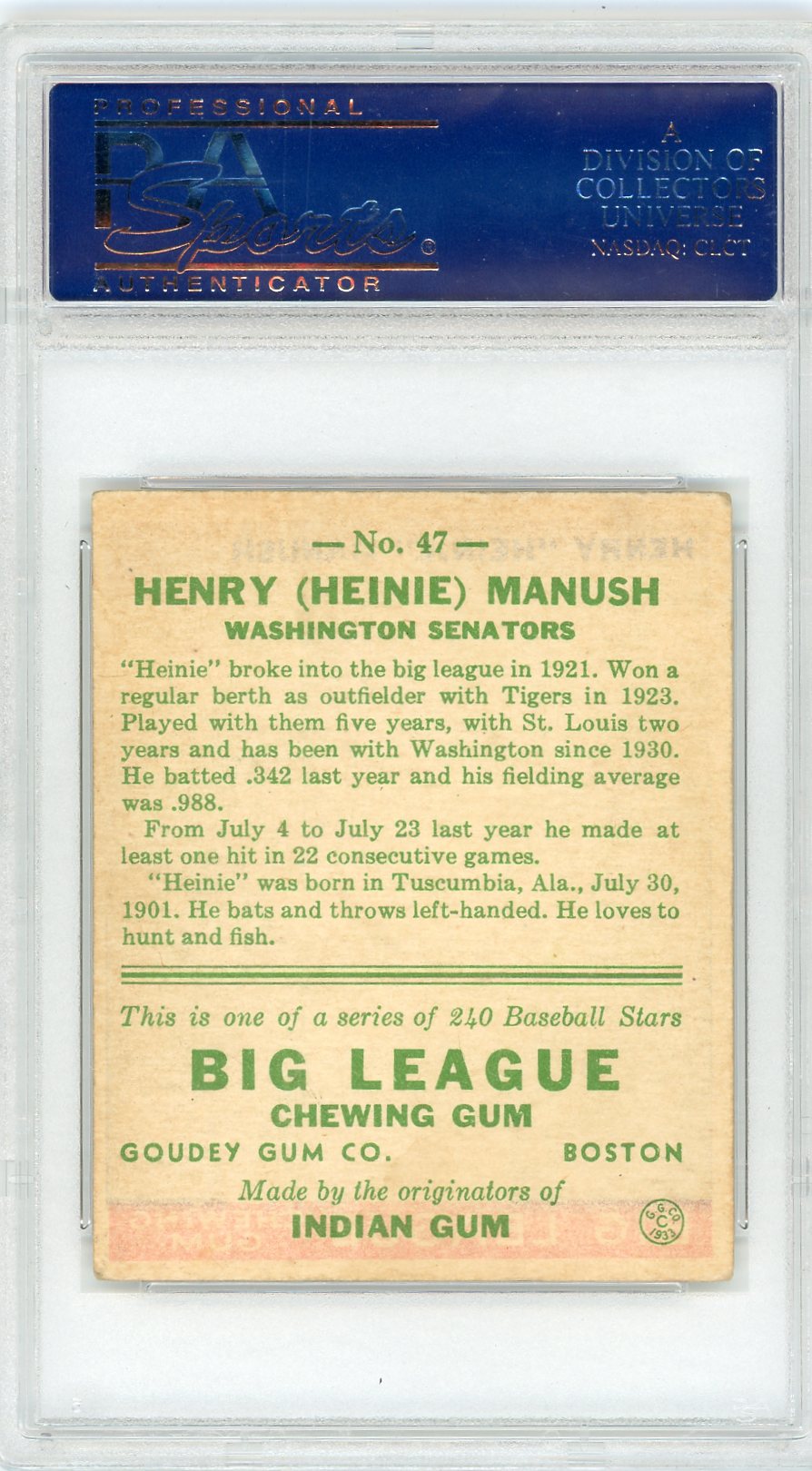 1933 Goudey Heinie Manush #47 PSA 4