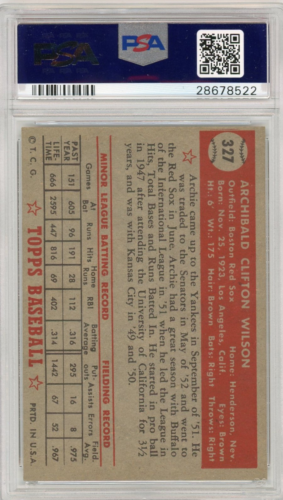 1952 Topps Archie Wilson #327 PSA 8