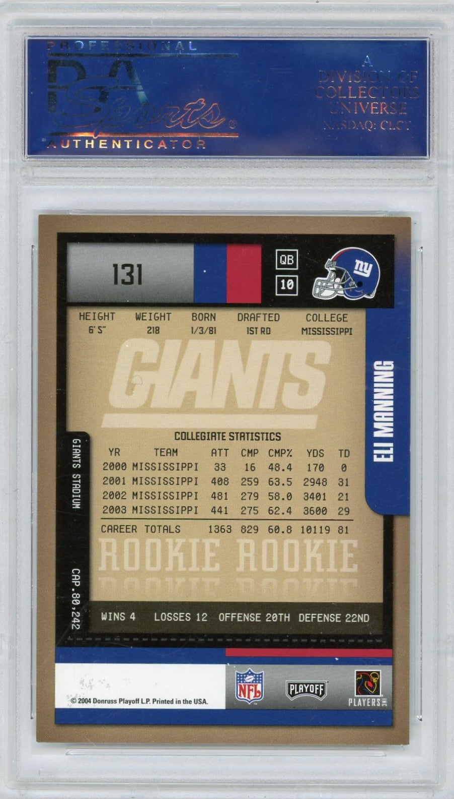 2004 Playoff Contenders Eli Manning #131 Autograph PSA 9
