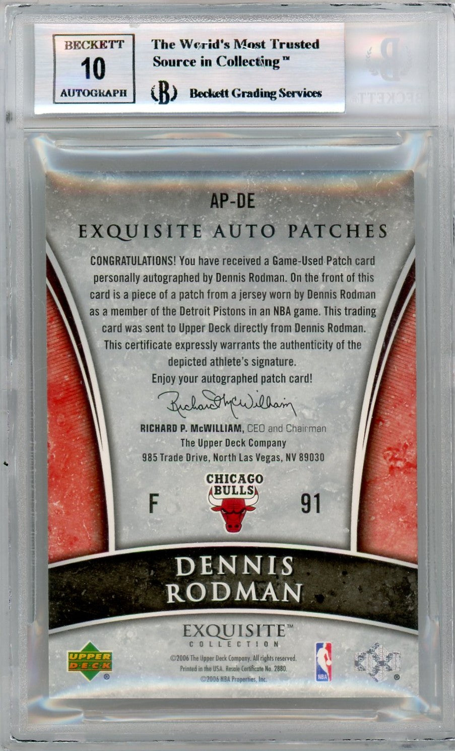 2005 Exquisite Collection Autographs Patches Dennis Rodman #APDE BGS 9 Auto 10