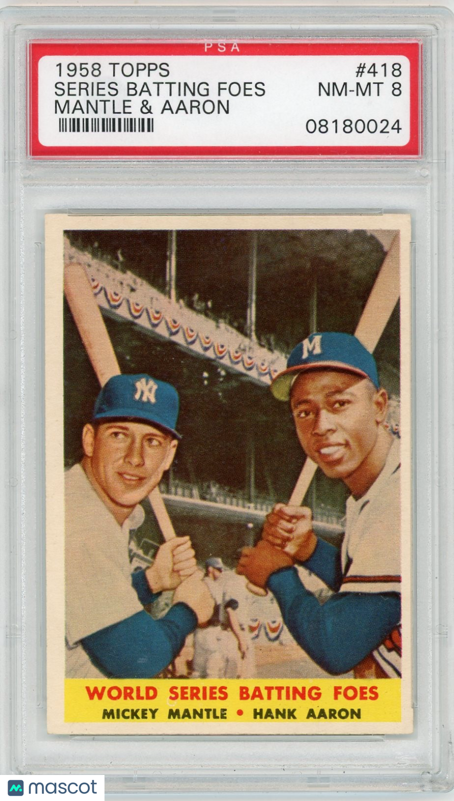 1958 Topps H. Aaron M. Mantle #418 W. S. Batting Foes PSA 8