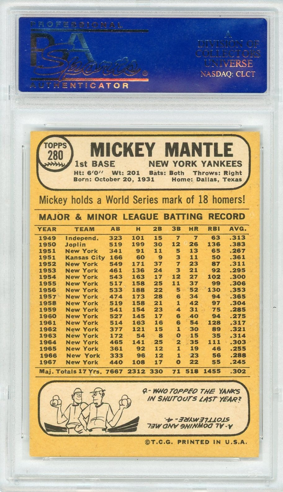 1968 Topps Mickey Mantle #280 PSA 7 Oc