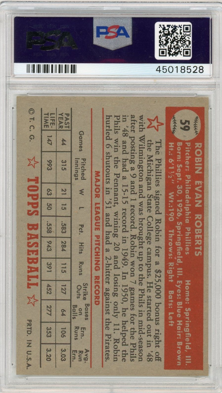 1952 Topps Robin Roberts #59 PSA 7