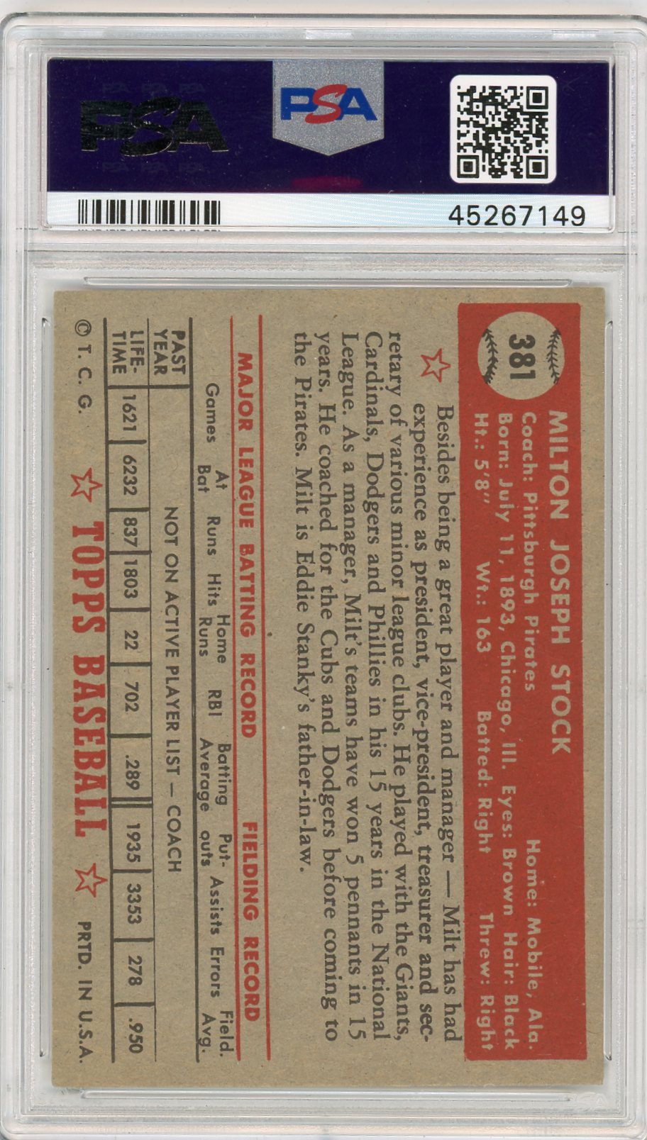 1952 Topps Milton Stock #381 PSA 7