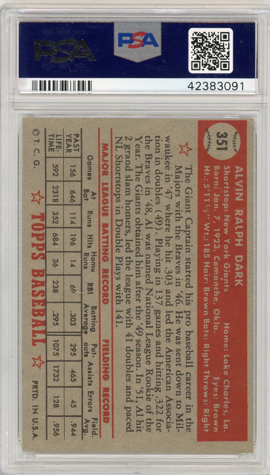1952 Topps Al Dark #351 PSA 7