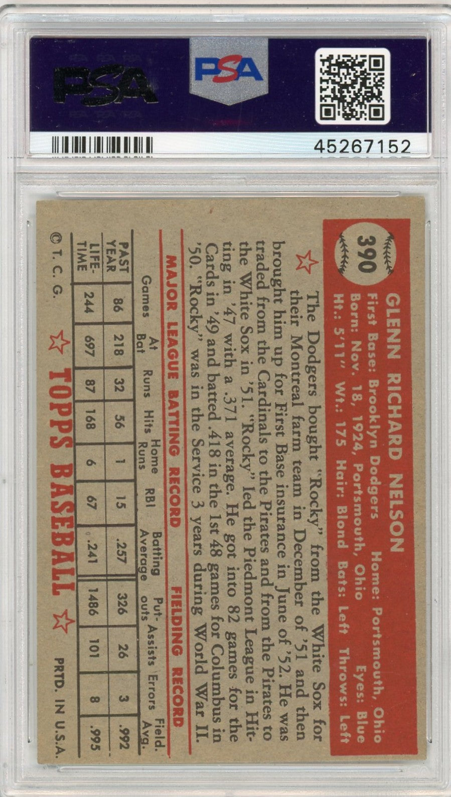 1952 Topps Glenn Nelson #390 PSA 7