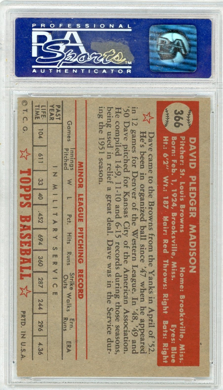 1952 Topps Dave Madison #366 PSA 7