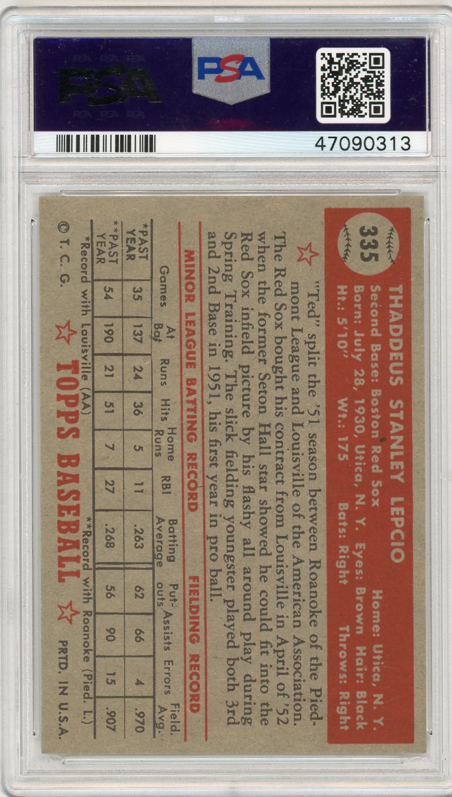 1952 Topps Ted Lepcio #335 PSA 7