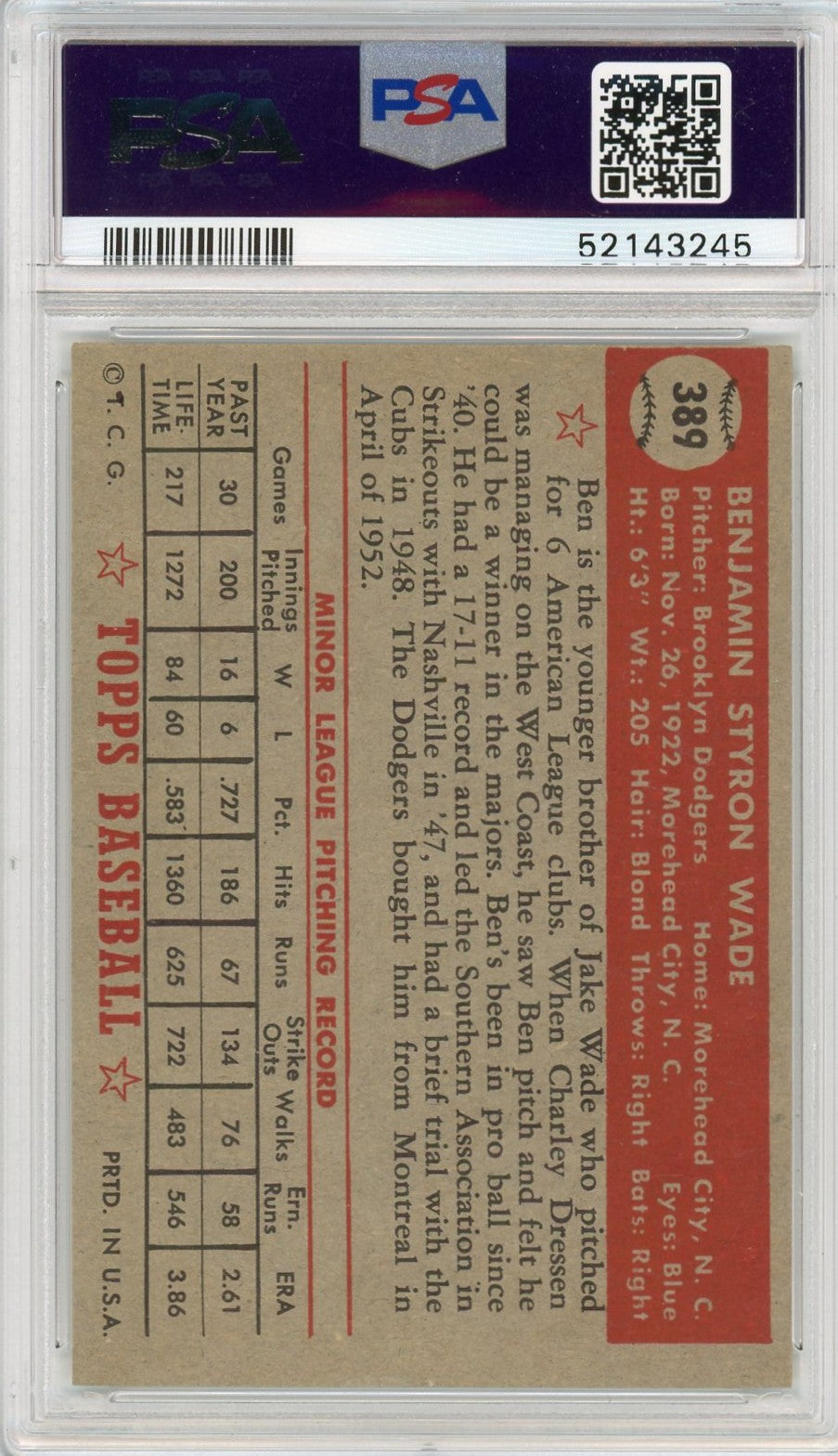 1952 Topps Ben Wade #389 PSA 7
