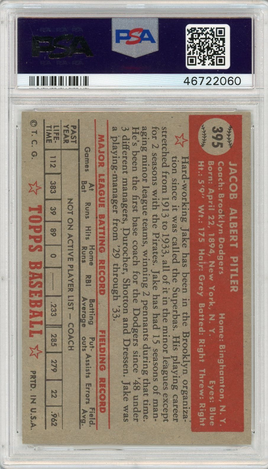 1952 Topps Jake Pitler #395 PSA 7