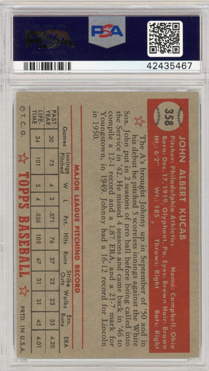 1952 Topps John Kucab #358 PSA 7