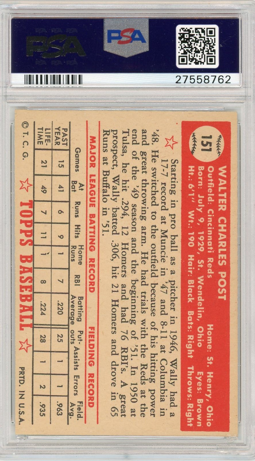 1952 Topps Wally Post #151 PSA 7