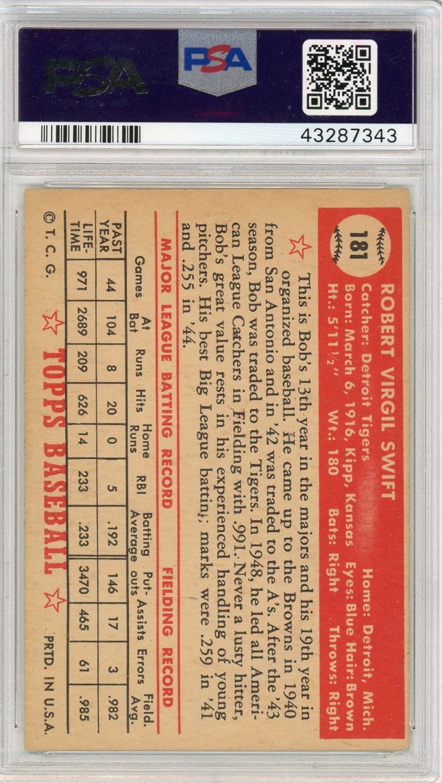 1952 Topps Bob Swift #181 PSA 7