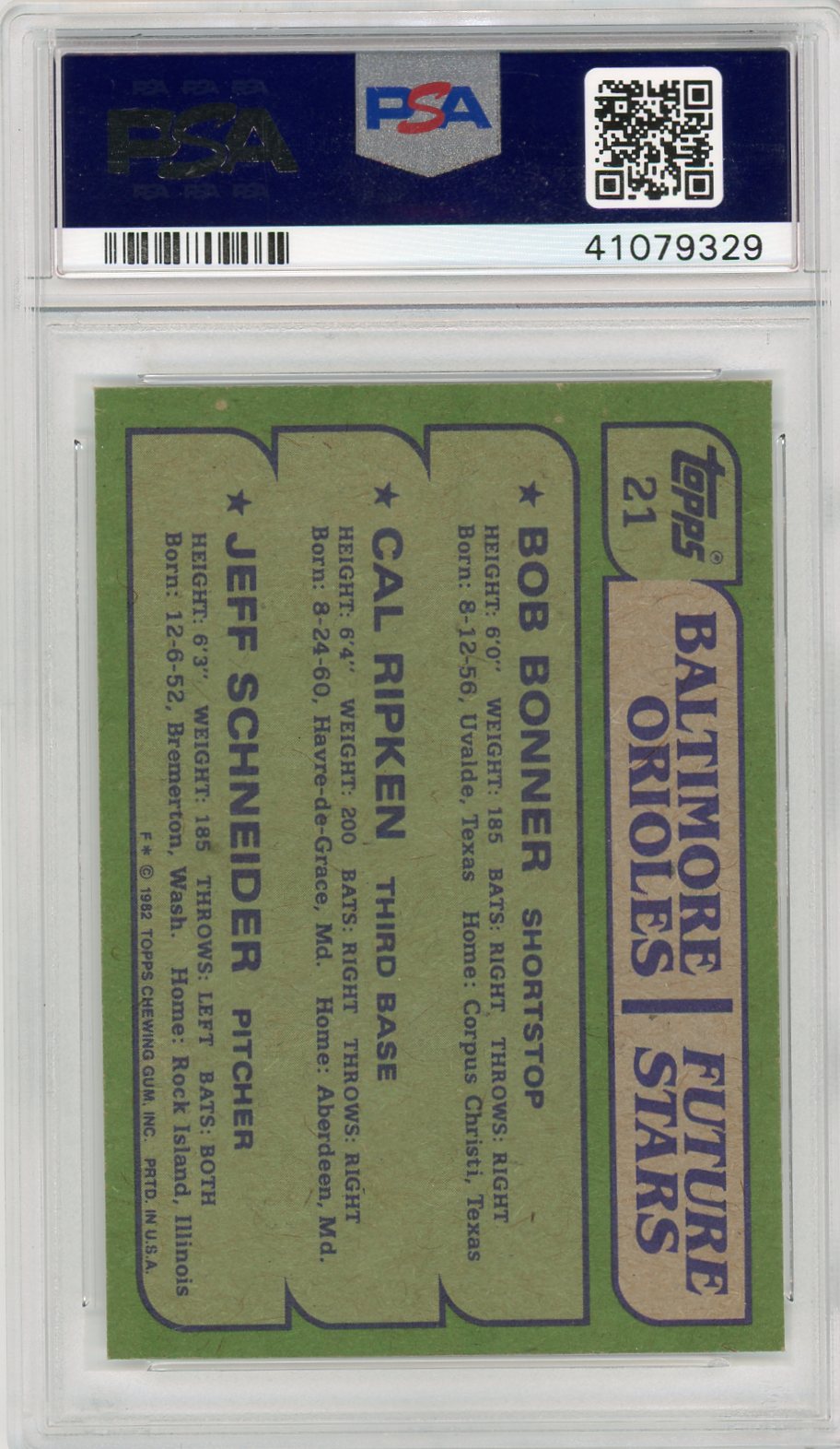 1982 Topps Orioles Future Stars #21 Bonner Ripken Schneider PSA 9