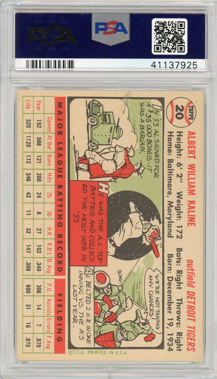 1956 Topps Al Kaline #20 White Back PSA 8