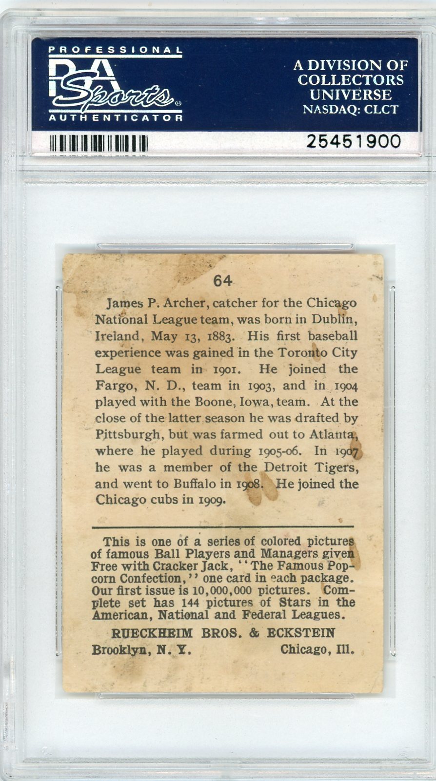 1914 Cracker Jack Jimmy Archer #64 PSA 2