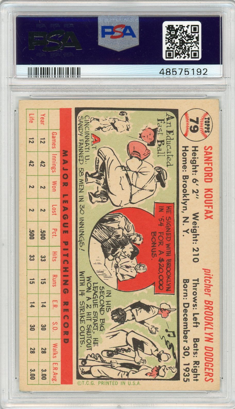 1956 Topps Sandy Koufax #79 White Back PSA 8