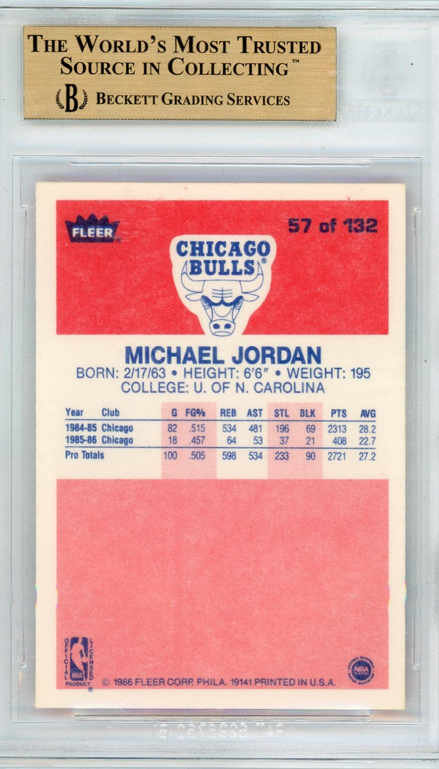 1986 Fleer Michael Jordan #57 BGS 9.5 Rookie