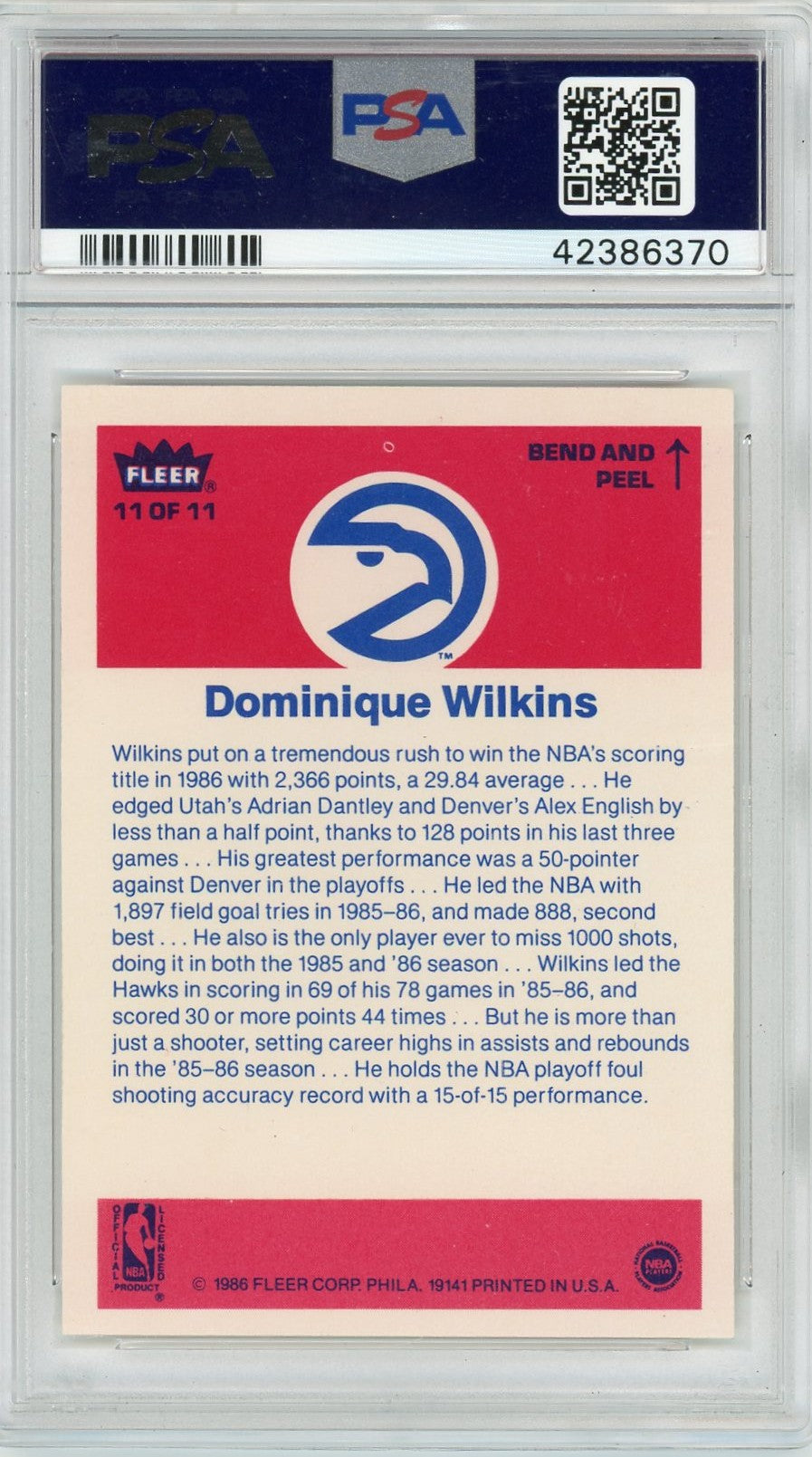 1986 Fleer Sticker Dominique Wilkins #11 PSA 9