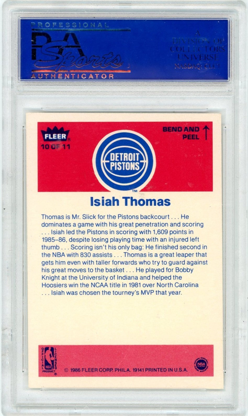 1986 Fleer Sticker Isiah Thomas #10 PSA 9