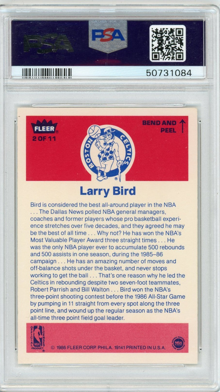 1986 Fleer Sticker Larry Bird #2 PSA 9