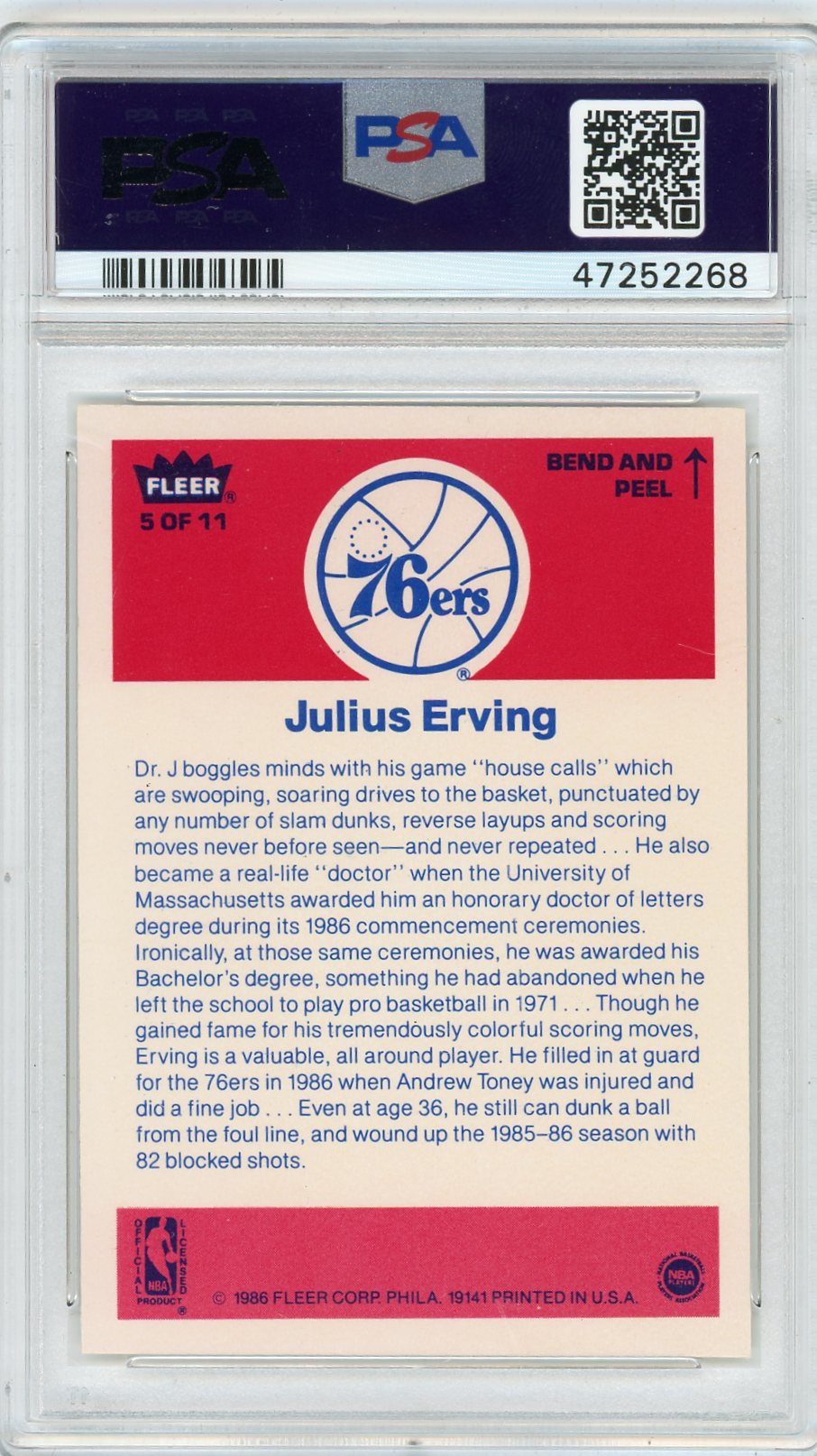 1986 Fleer Sticker Julius Erving #5 PSA 9