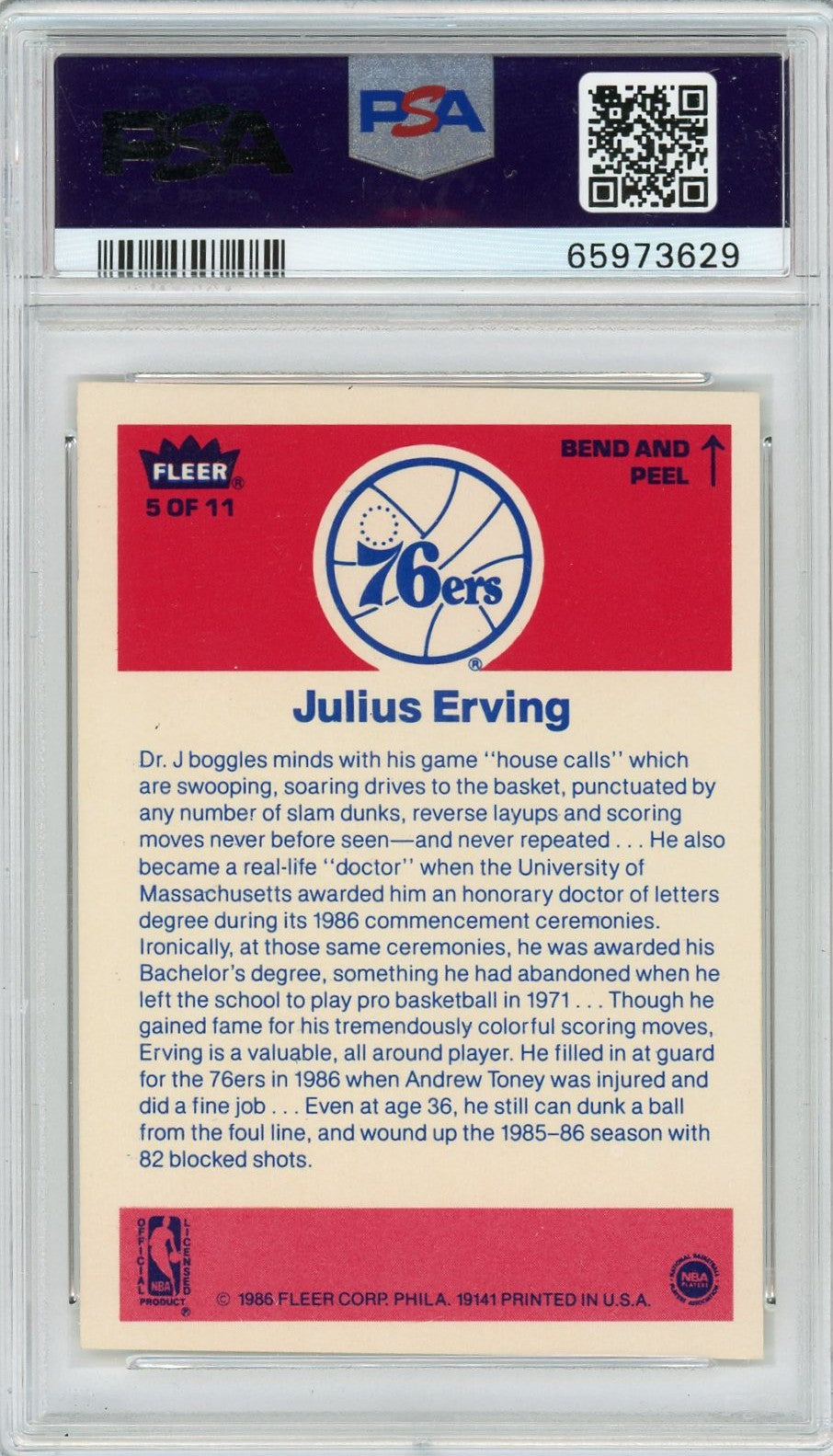 1986 Fleer Sticker Julius Erving #5 PSA 9