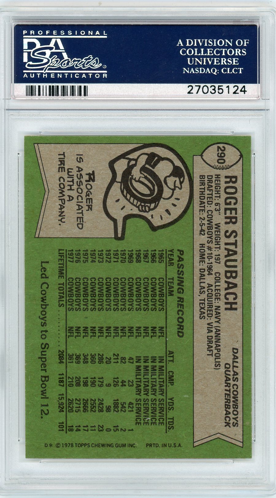 1978 Topps Roger Staubach #290 PSA 9
