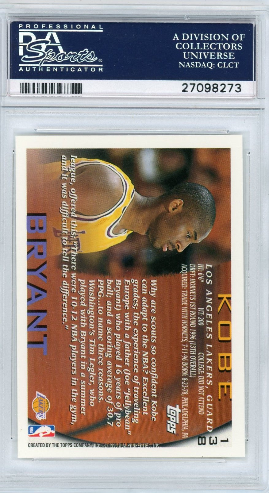 1996 Topps Kobe Bryant #138 PSA 9