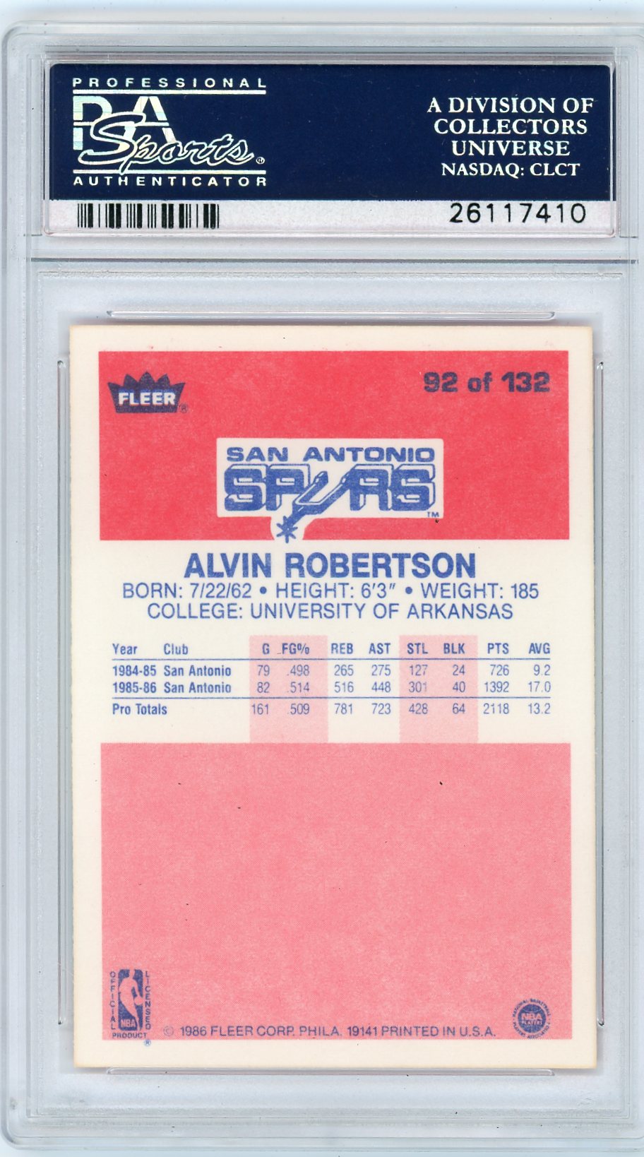 1986 Fleer Alvin Robertson #92 PSA 9