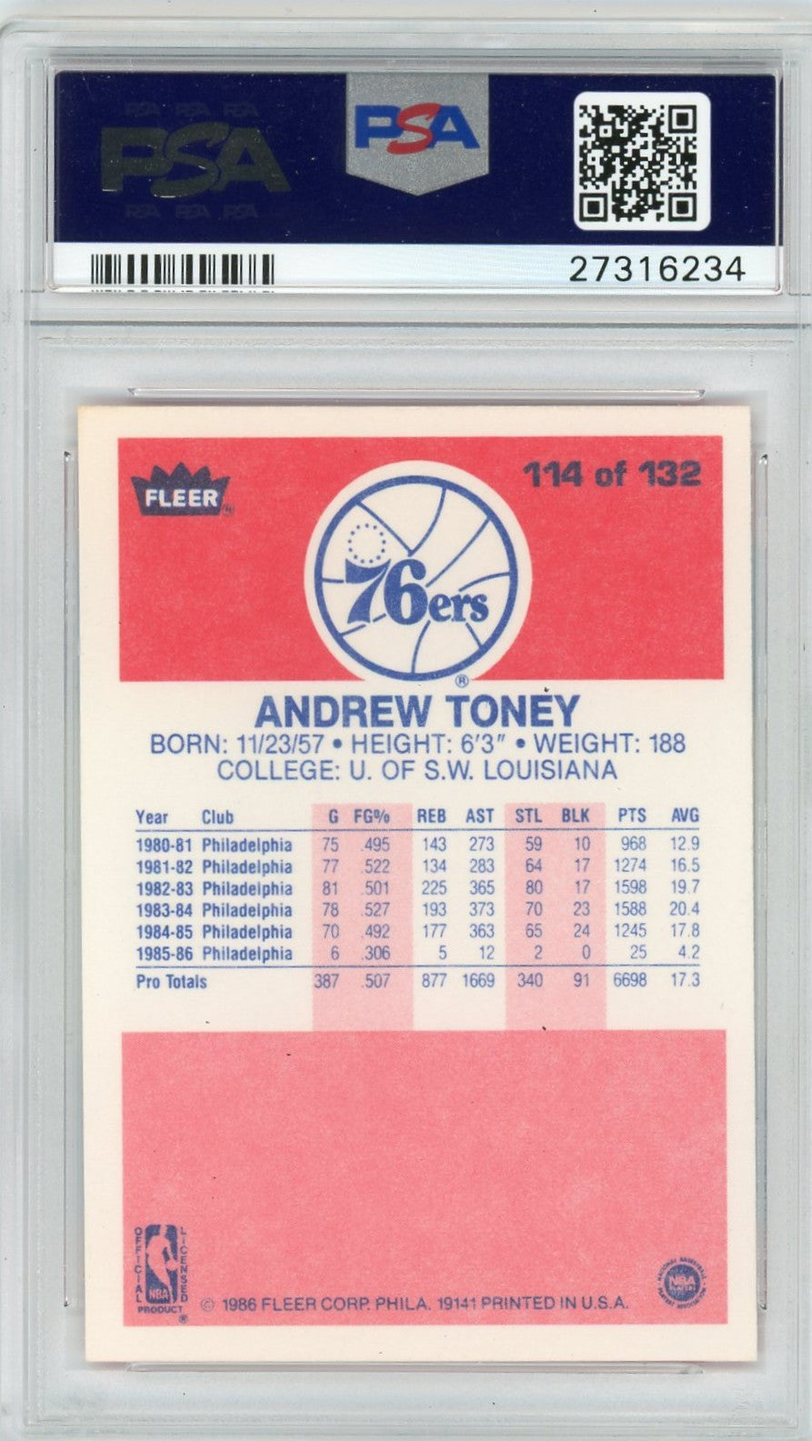 1986 Fleer Andrew Toney #114 PSA 10