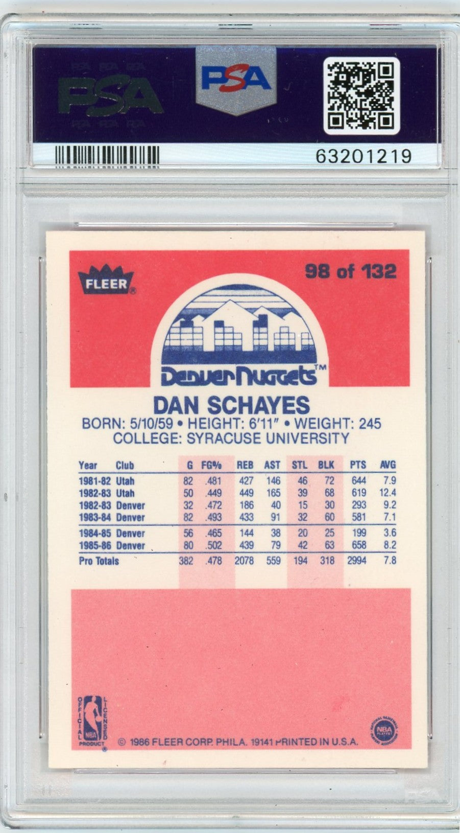 1986 Fleer Dan Schayes #98 PSA 9