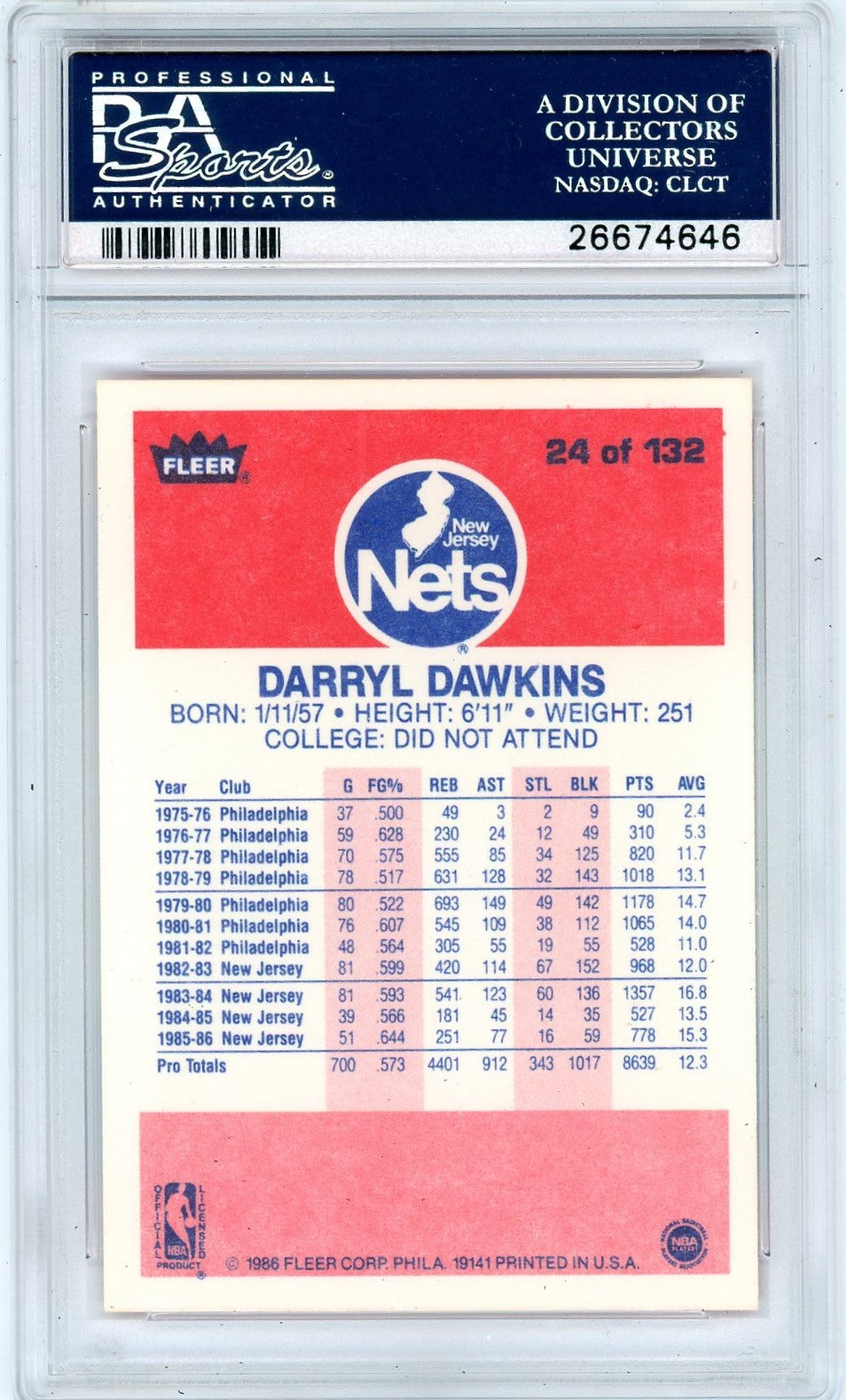 1986 Fleer Darryl Dawkins #24 PSA 9