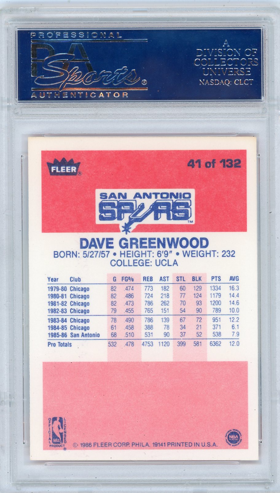 1986 Fleer Dave Greenwood #41 PSA 9