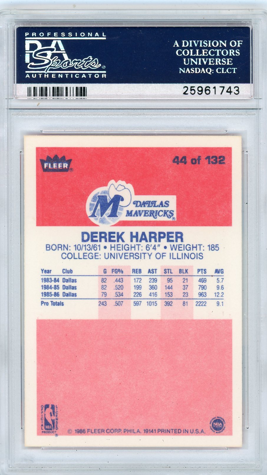 1986 Fleer Derek Harper #44 PSA 9