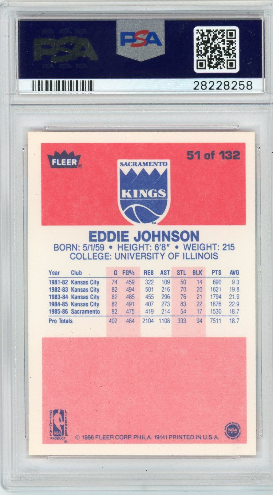 1986 Fleer Eddie Johnson #51 PSA 10