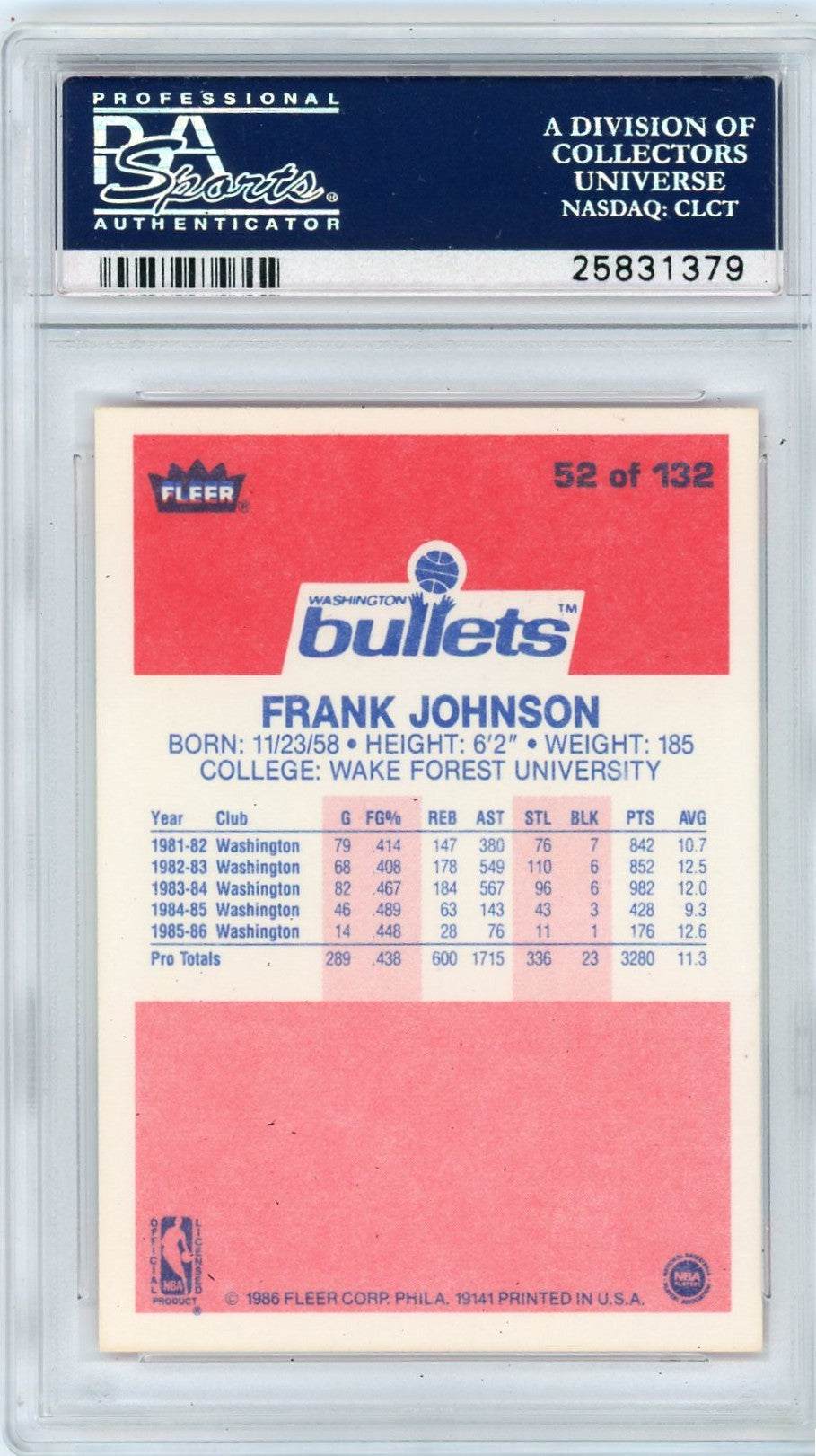 1986 Fleer Frank Johnson #52 PSA 10