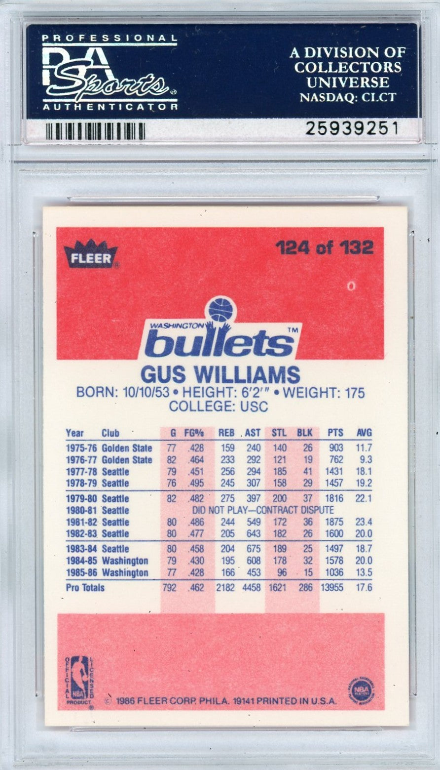 1986 Fleer Gus Williams #124 PSA 9