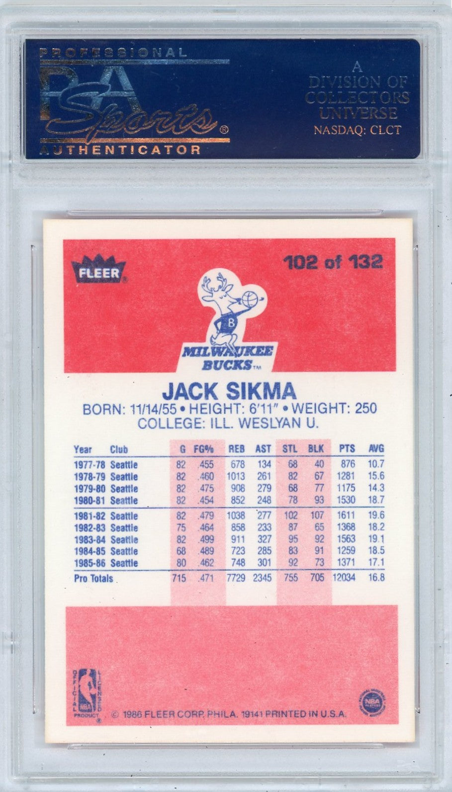 1986 Fleer Jack Sikma #102 PSA 9