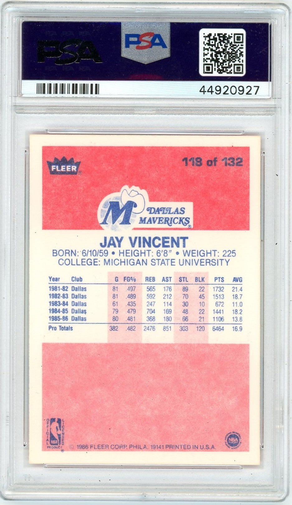1986 Fleer Jay Vincent #118 PSA 9