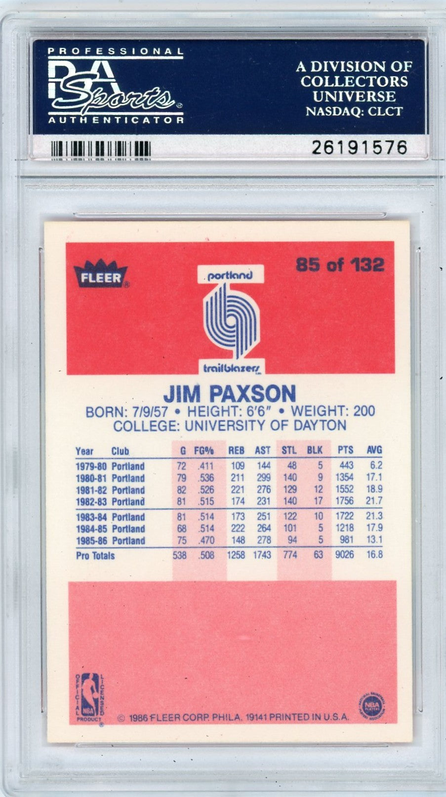 1986 Fleer Jim Paxson #85 PSA 9