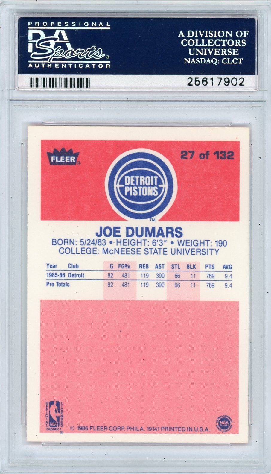 1986 Fleer Joe Dumars #27 PSA 9