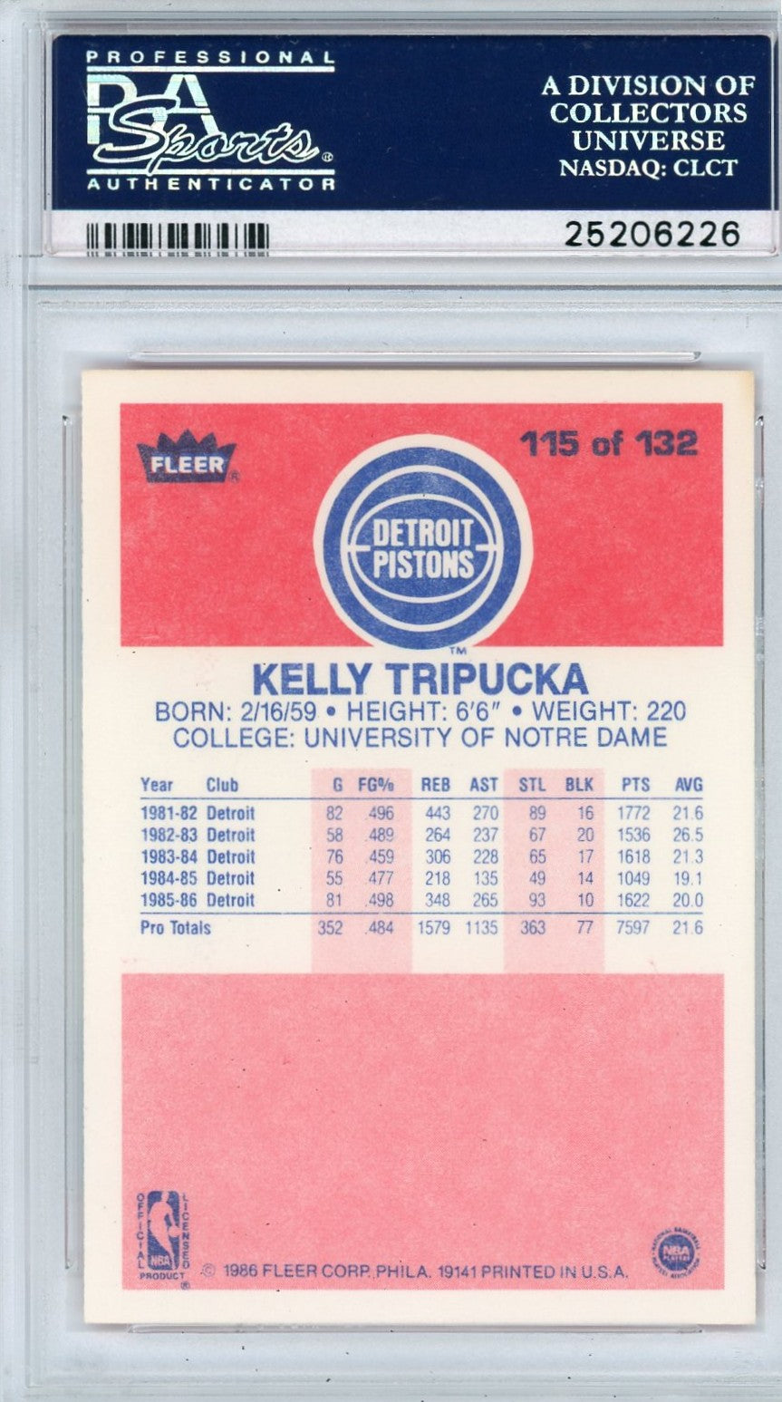 1986 Fleer Kelly Tripucka #115 PSA 9