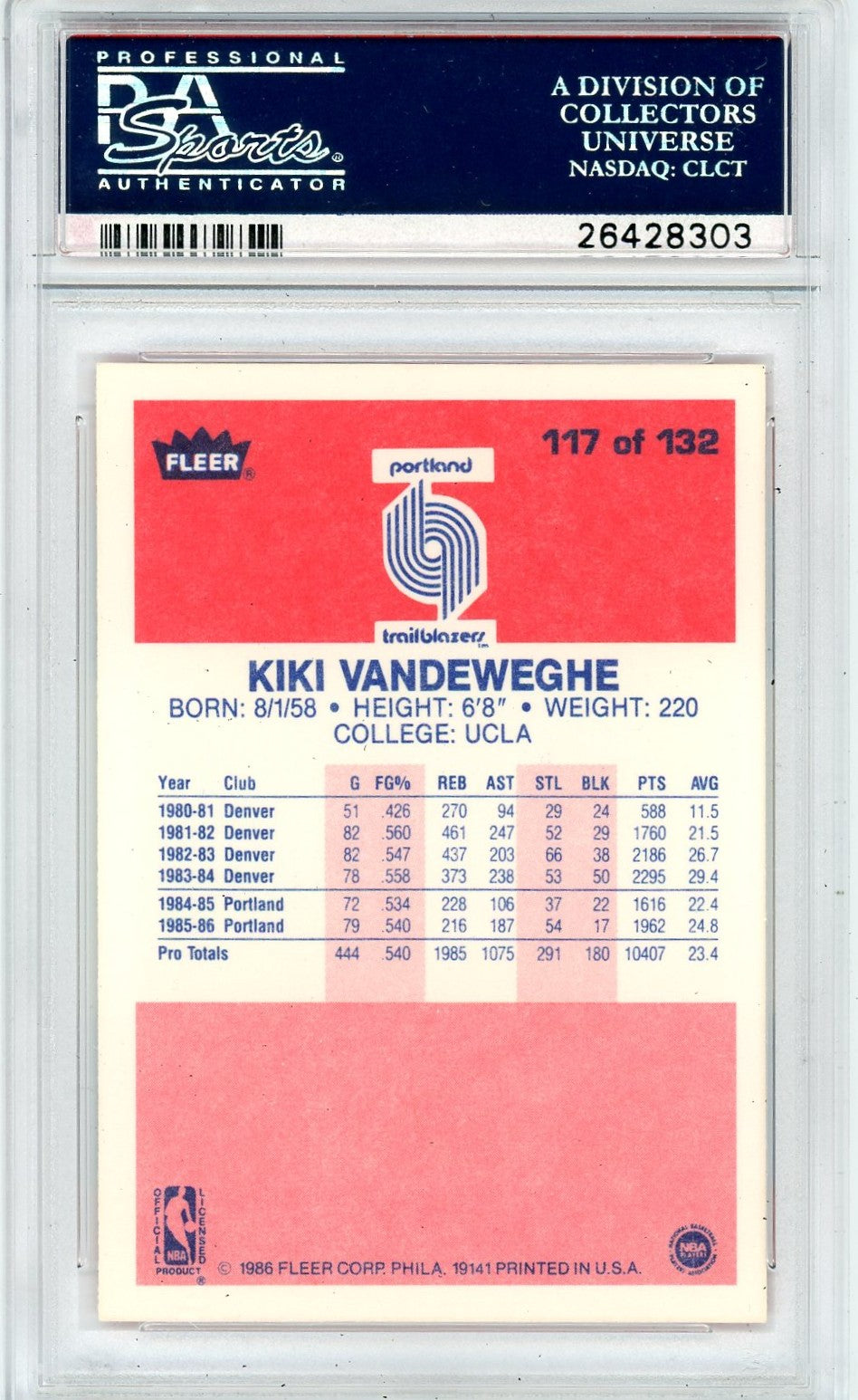 1986 Fleer Kiki Vandeweghe #117 PSA 9