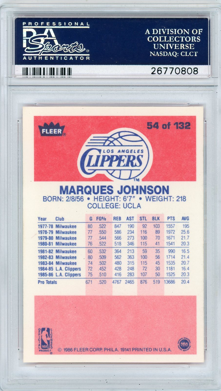 1986 Fleer Marques Johnson #54 PSA 9