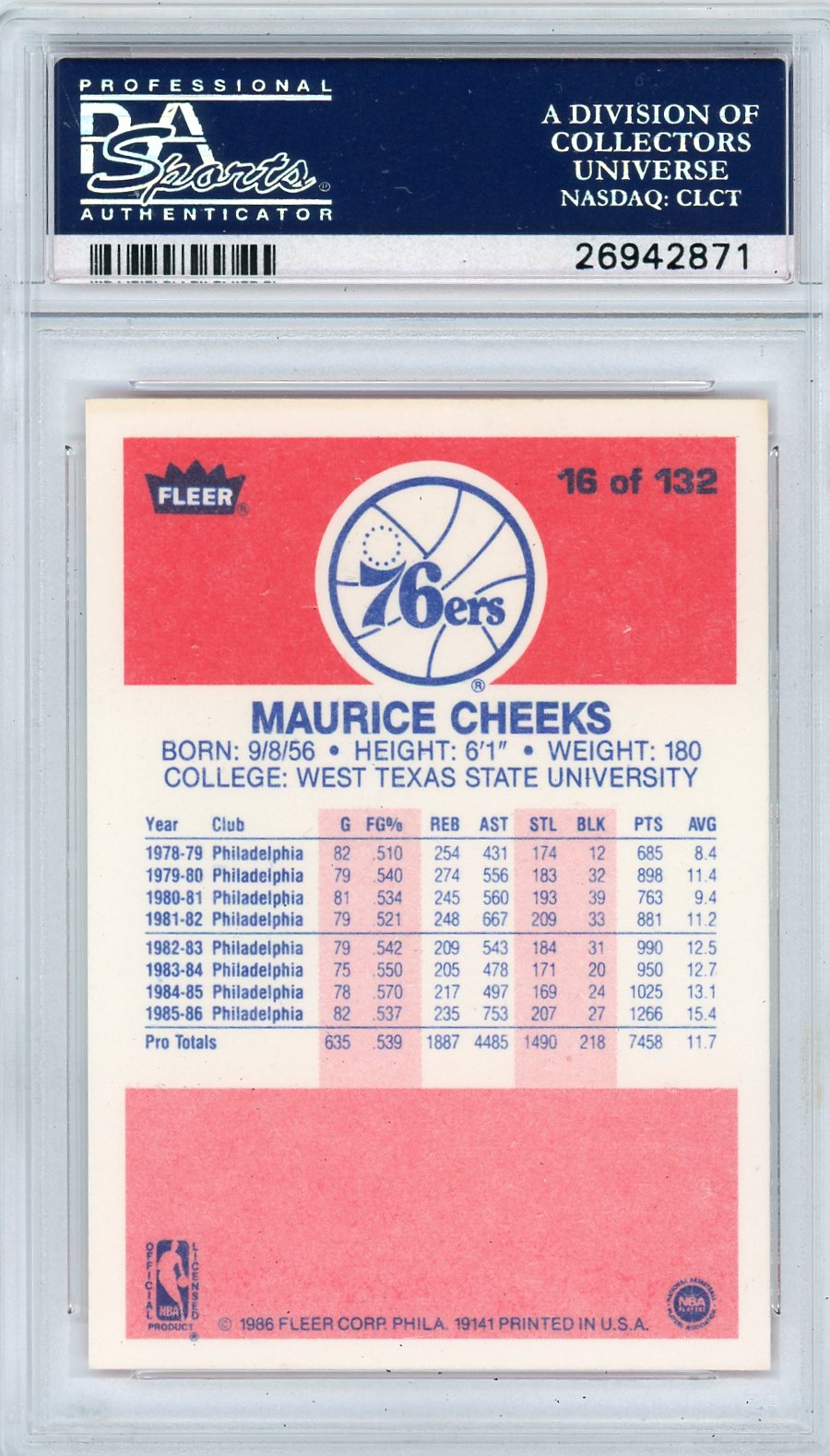 1986 Fleer Maurice Cheeks #16 PSA 9