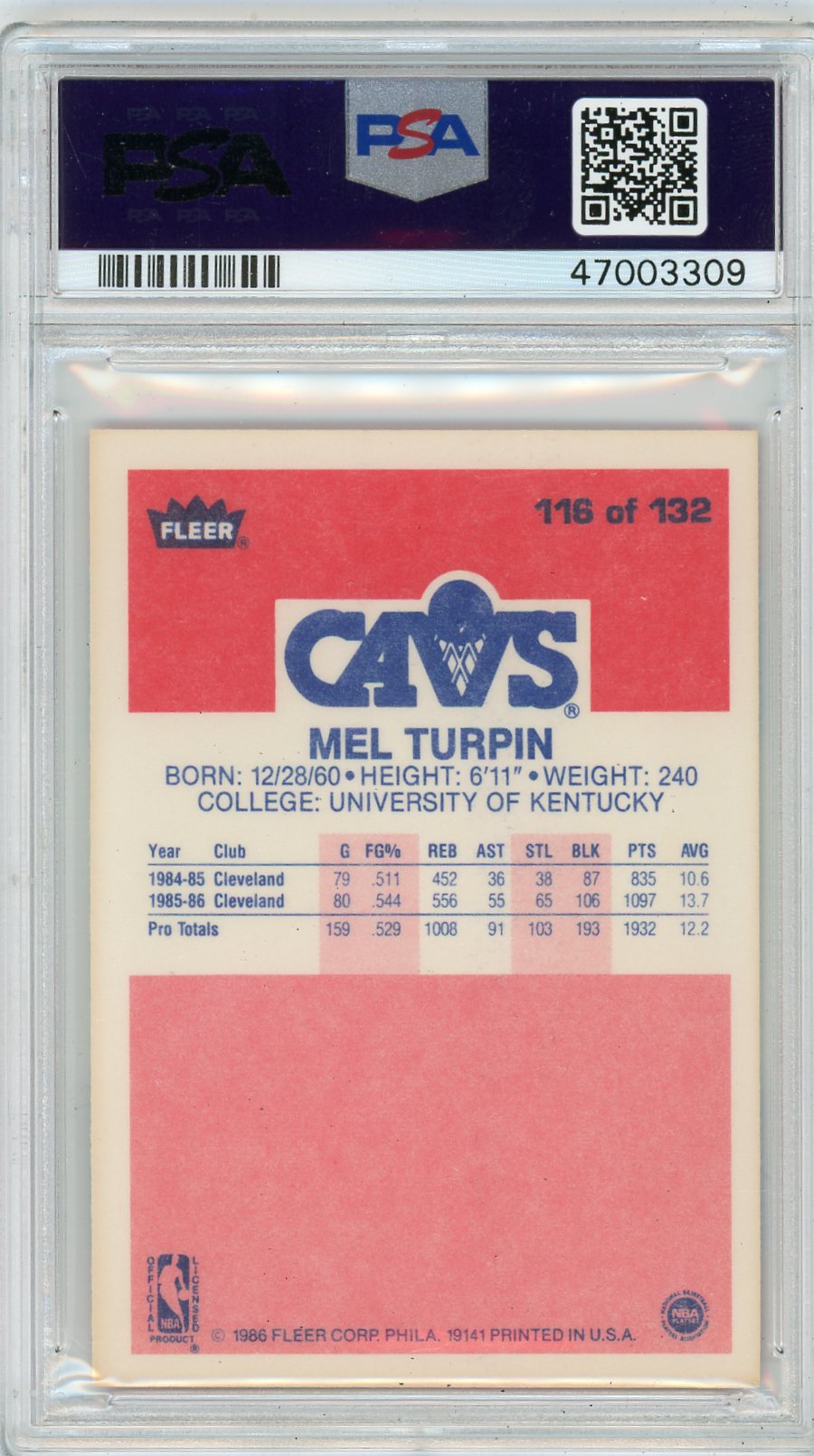 1986 Fleer Melvin Turpin #116 PSA 9