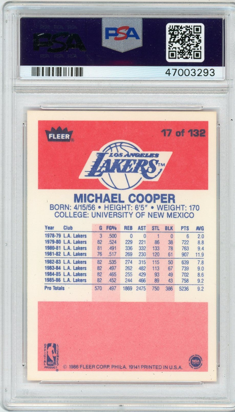 1986 Fleer Michael Cooper #17 PSA 9