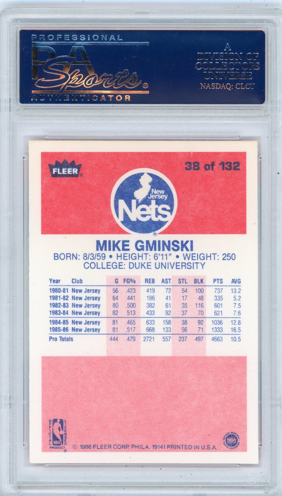 1986 Fleer Mike Gminski #38 PSA 9